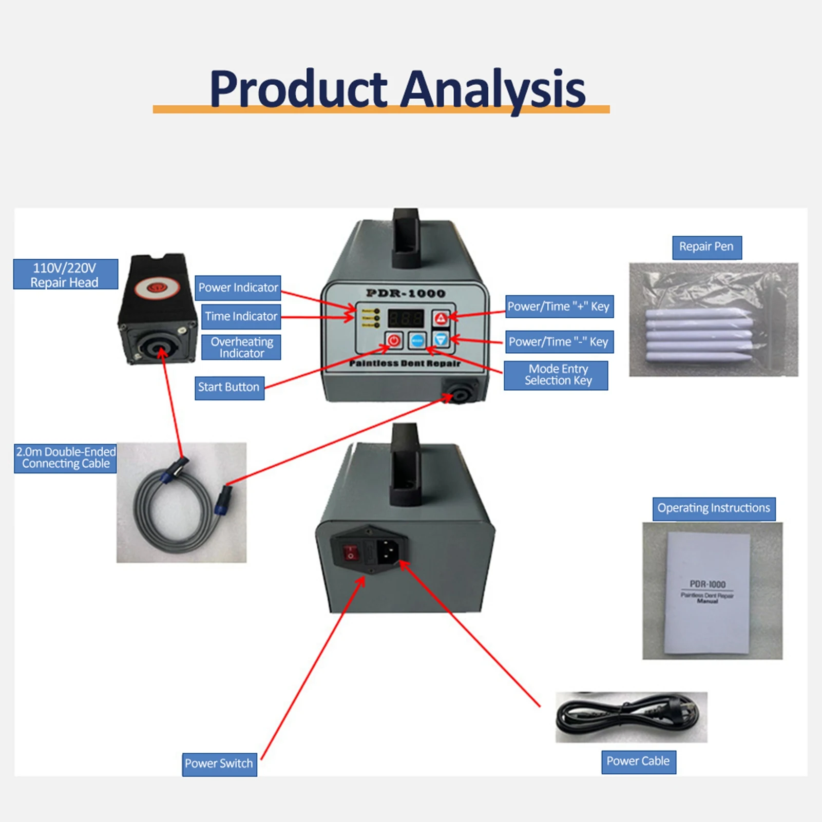 PDR-1000 آلة إصلاح دنت جسم السيارة المحمولة أداة إزالة الخدوش المنزلية الوقت/الطاقة ضبط جهاز إصلاح دنت السيارة بدون طلاء