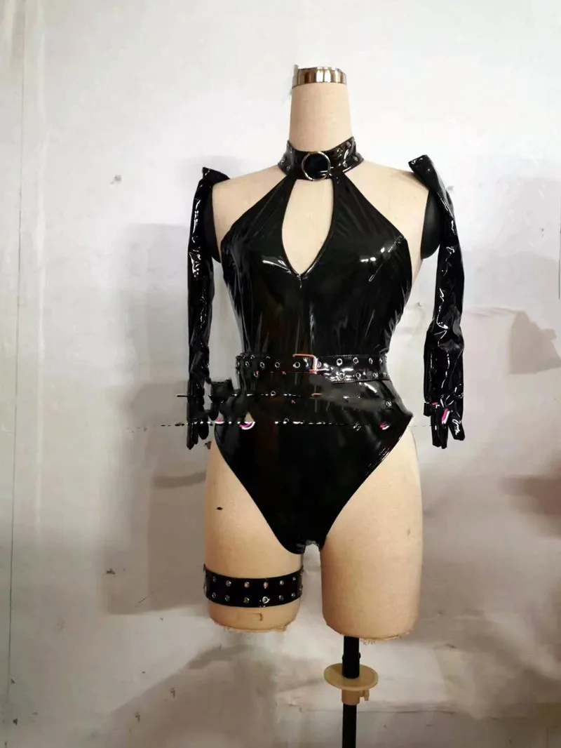 Bar black patent leather high fork conjoined GOGO costume nightclub DS