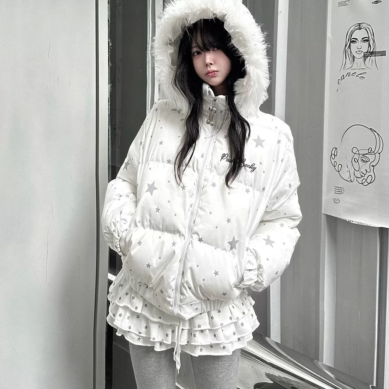 2000s Print Kawaii Parkas Coats Y2k High Street Elegant Fur Collor Hooded Coat American Vintage Zipper Streetwear Casual Jackets