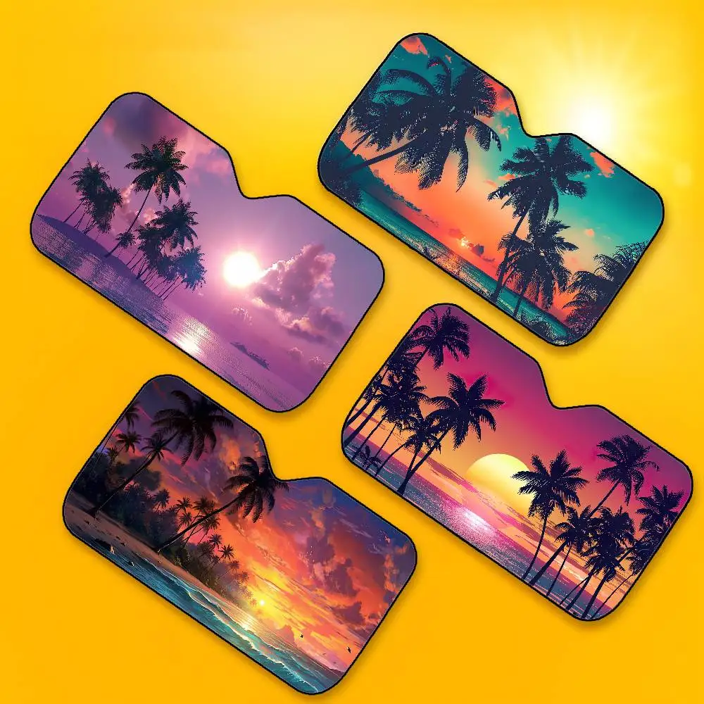 Hawaii Beach Palm Tree Car SunShade Windshield Foldable Three-layer Insulation Sunshade By Suction Cup Blocks UV Rays Sun