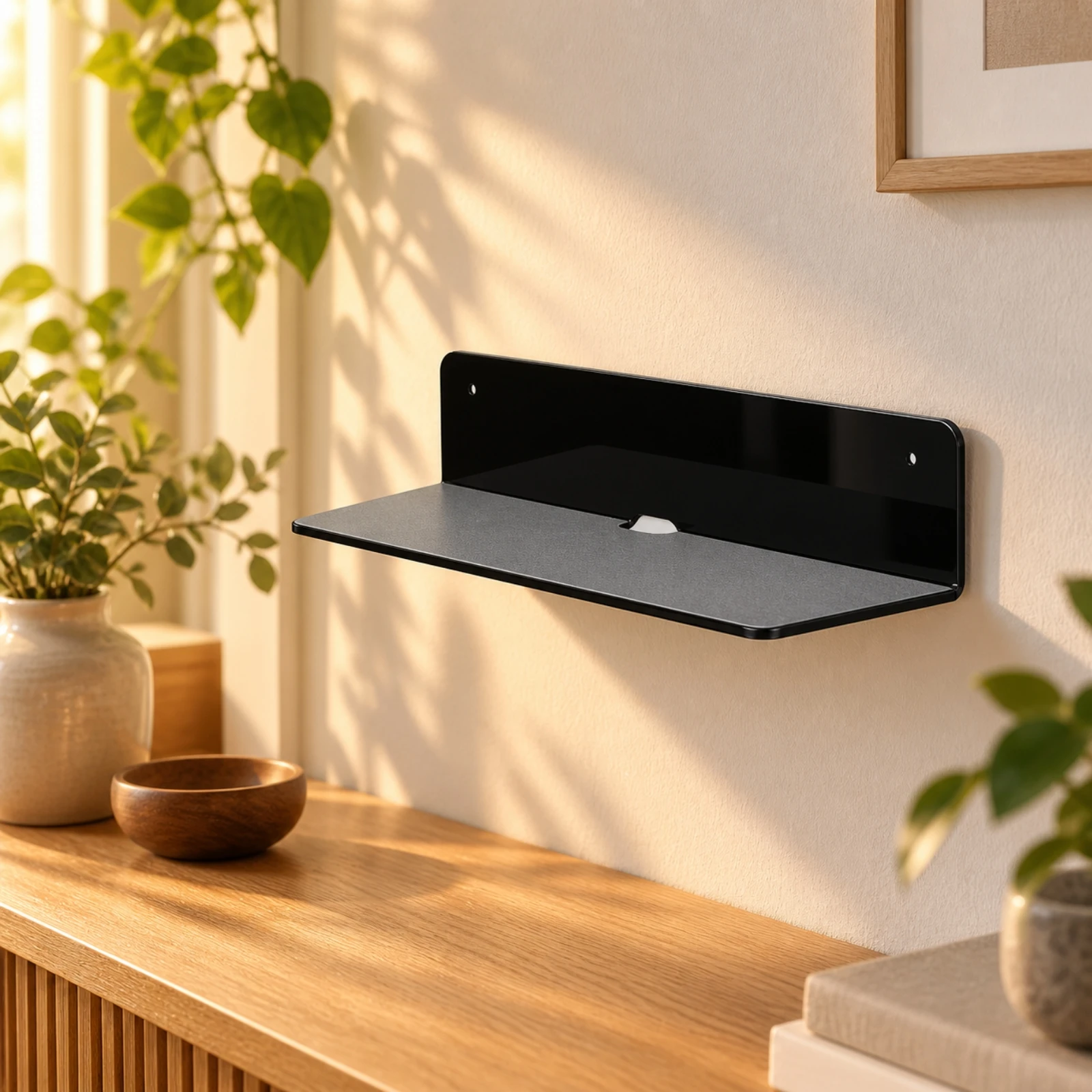 L-Shaped Wall-Mounted Shelf Floating Small Wall Shelf with Cable Notch Modern Decorative for Desk Area, Countertop