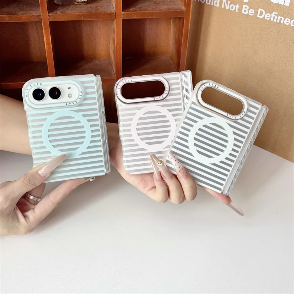 Korea Fashion Ins pink Colorful stripes Magnetic Phone Case For iPhone Duo Cover Shockproof Cute Fold Cases Chain For Magsafe