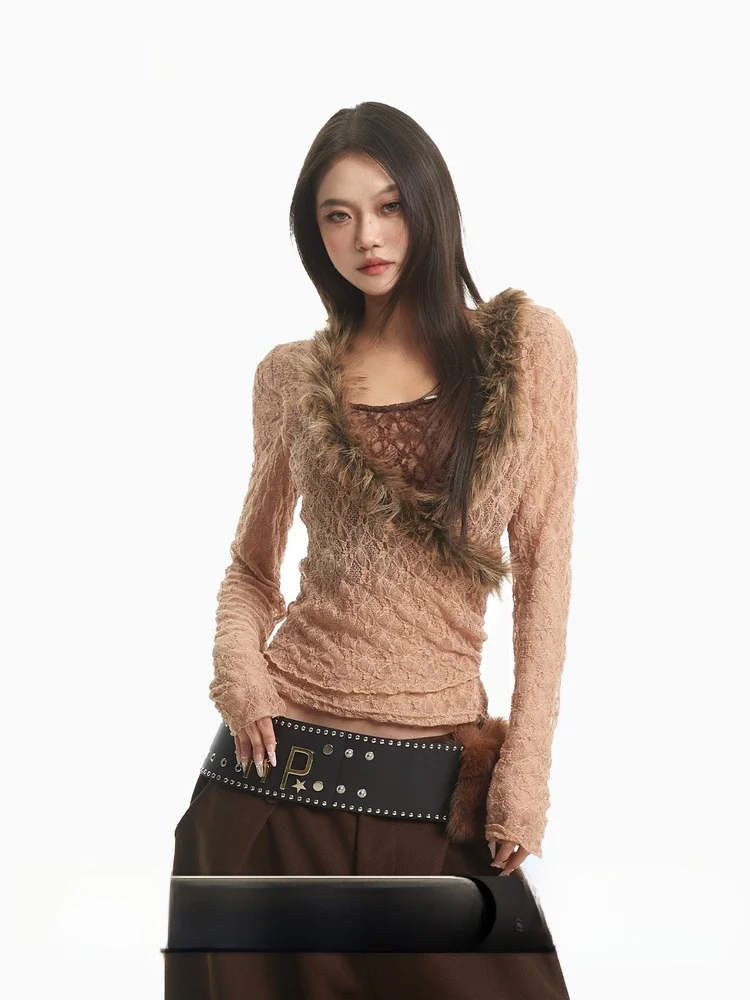 

Винтажная коричневая кружевная длинная футболка CCUP SPACE, женский базовый слой, облегающий топ для девочек на осень-зиму