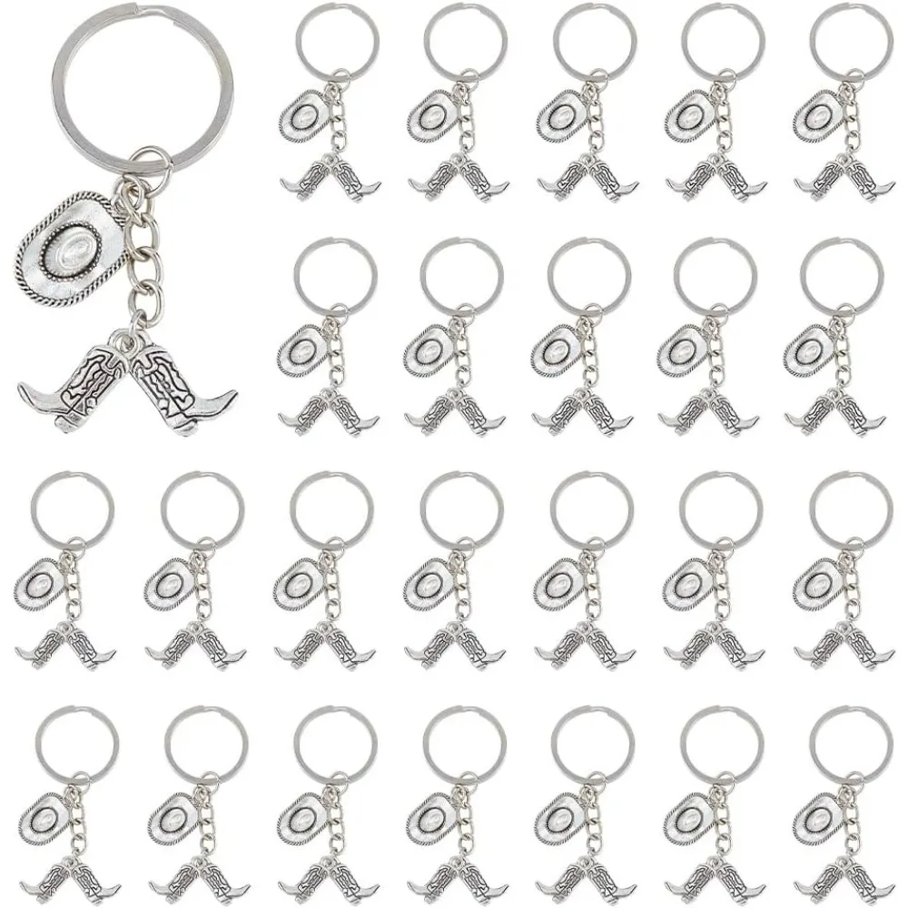 25Pcs Western Cowboy Keychain 73mm Western Boot and Hat Key Ring Antique Silver and Platinum Alloy Pendant with Iron Ring