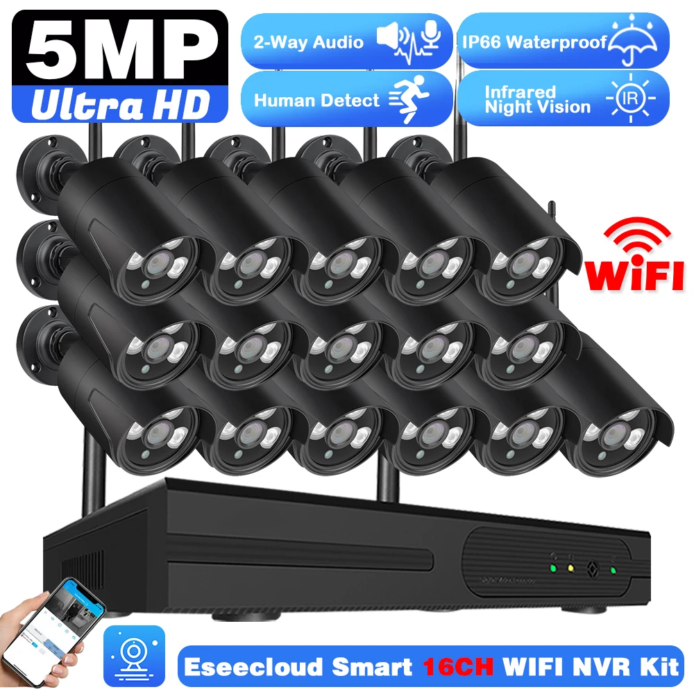 16CH Wireless NVR Kit 5MP Outdoor Wifi Bullet Camera CCTV System Night Vision Smart ICamera Surveillance System 8CH Eseecloud