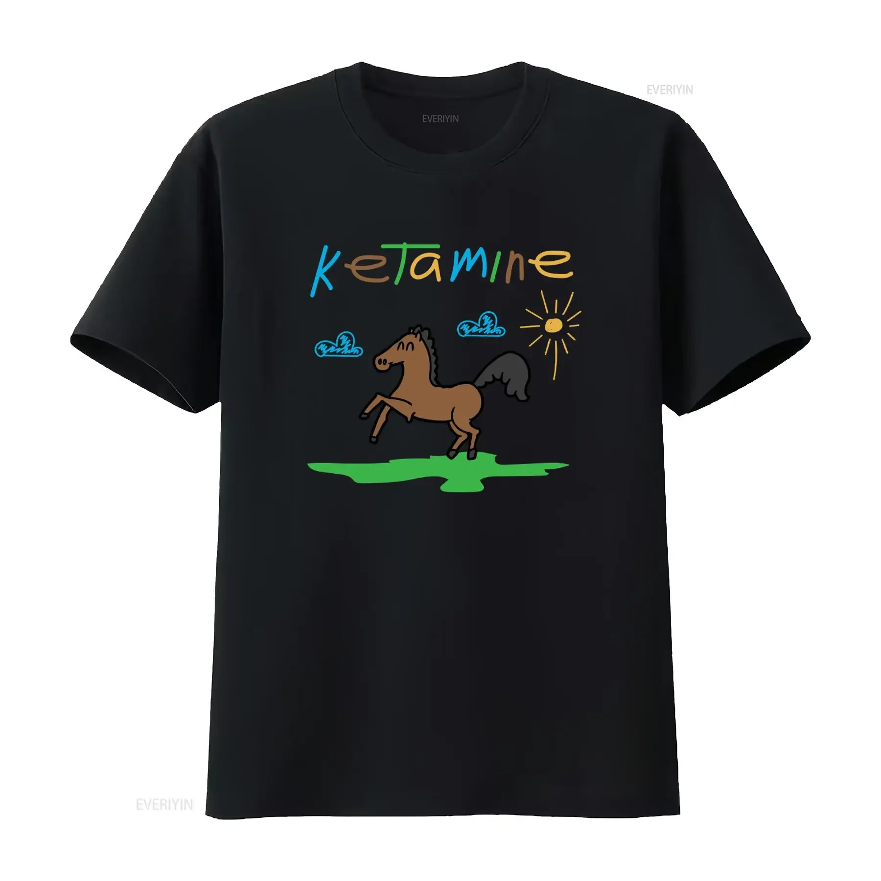Ketamine Horse Funny Medical Sarcasm T Shirt Child Drawing Rainbow Meme  vintage Washed fashion Breathable Versatile