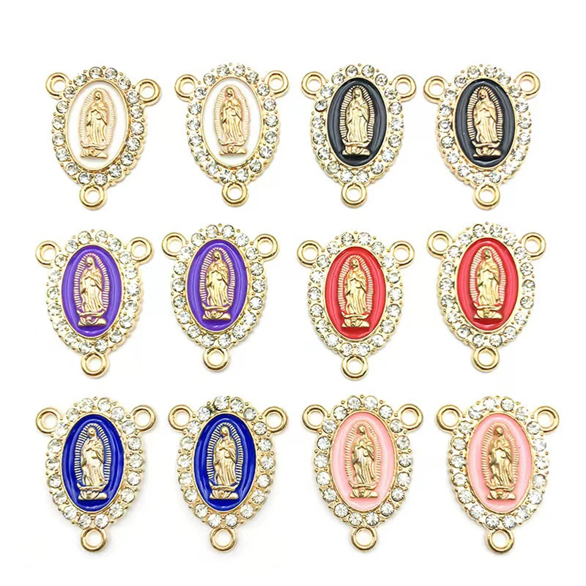 Virgin Mary Rhinestone liga três furos colar, moda DIY acessórios, 6 cores, 12 pcs