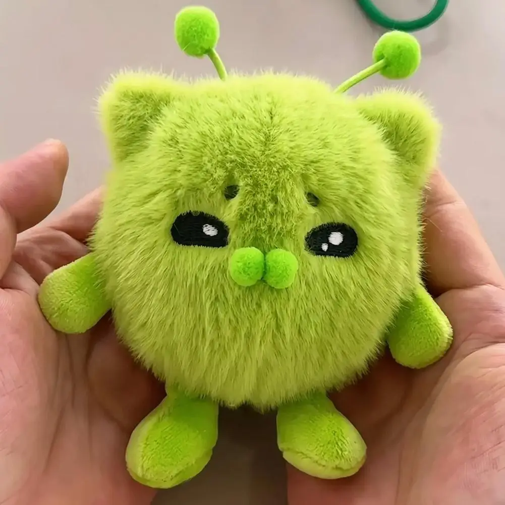 Cute Green Alien Cat Keychain Kawaii Soft Bag Charm Pendant Funny Plushie Toy Stress Relief Ornament Gift