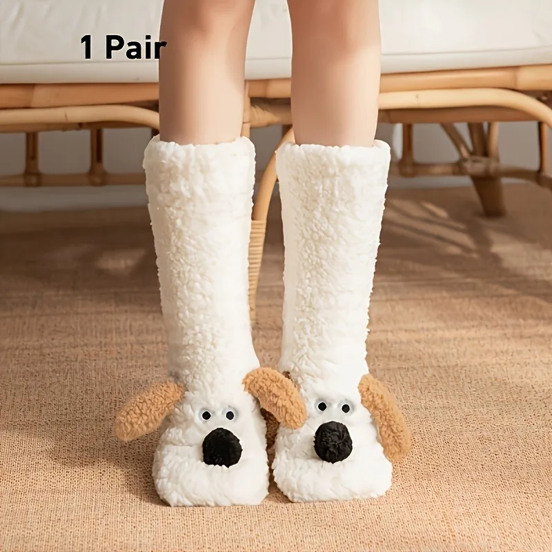 1 Pair Women'S Cute Puppy Floor Socks in Black/Apricot/White, Lint-Free And Machine Washable. Cartoon Animal Fluffy Socks