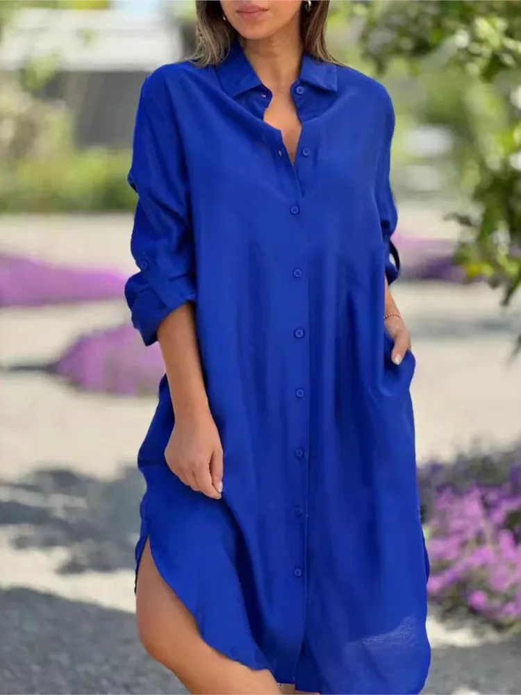 

2024 Women's Spring Summer New Collection Solid Color Fashion Casual Solid Color Collar Long Sleeve Single Breasted Shirt