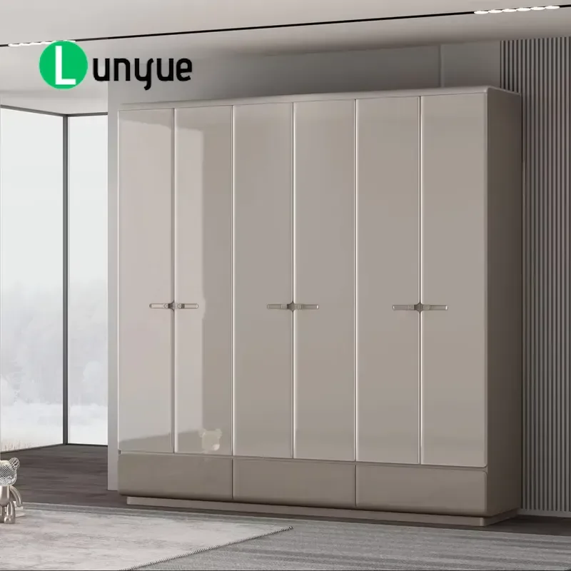 Italian Modern Luxury 6 Door Flat Wardrobe High Gloss Eco Friendly Paint Finish Large Storage Cabinet For Bedroom Furniture