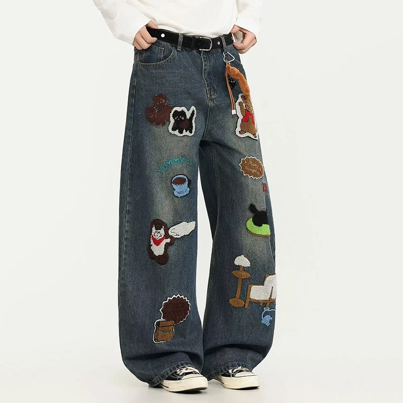 

Y2K женские джинсовые брюки с мультяшной вышивкой, осенняя уличная одежда, свободные широкие джинсы Bf, американские брюки в стиле хип-хоп, панк-мачете