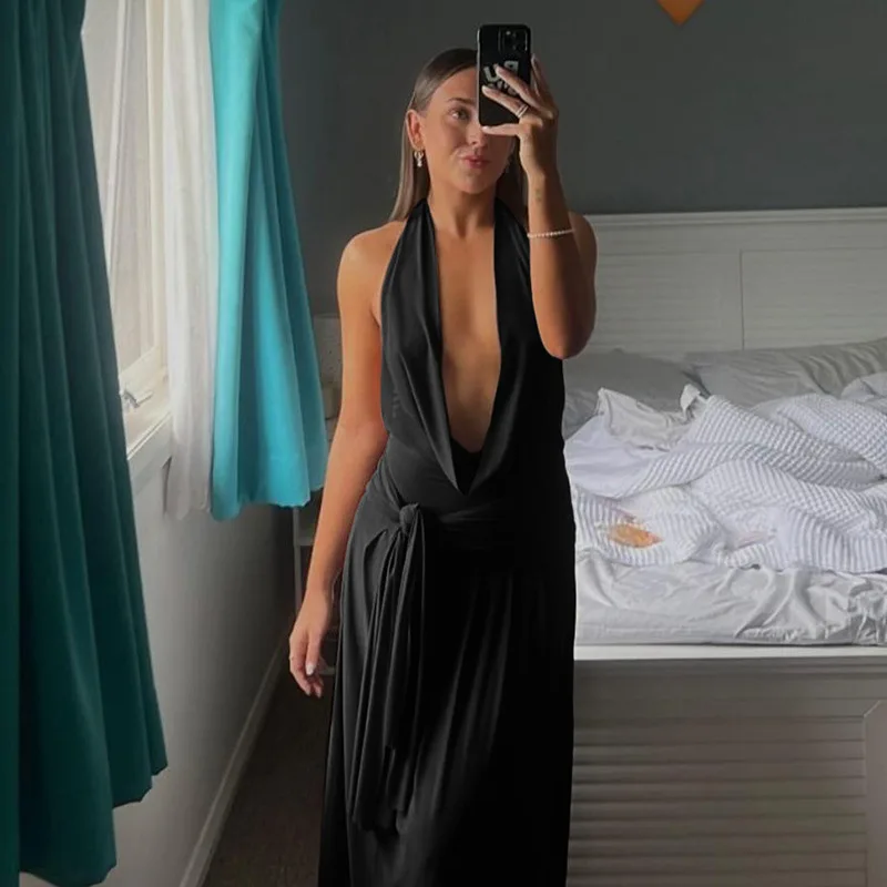 

Gtpdpllt Halter Deep V Neck Sexy Maxi Dresses For Women Gown Sleeveless Backless Thigh High Split Ruched Bodycon Long Dress