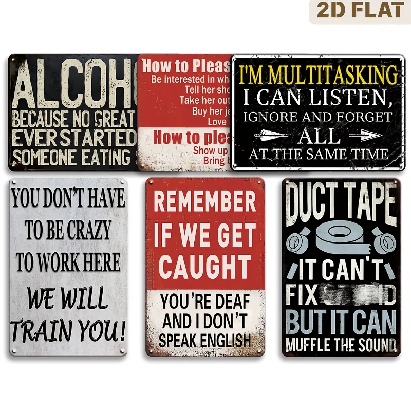 6pcs Humorous Metal Sign Set, Featuring Witty Quotes, Vintage Copper Plate Plaques, Retro Sarcastic Trophies, Suitable for Men'S