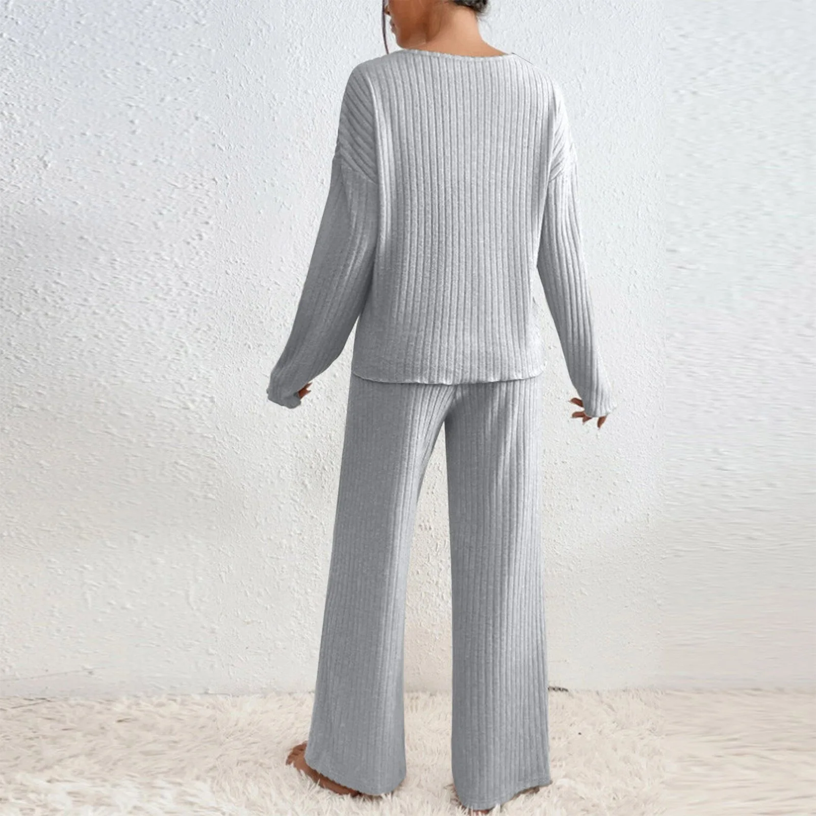Damen Geripptes Strick-Zweiteiler-Set V-Ausschnitt Langarm-Oberteil Weite Hose Herbst Locker Lässige Loungewear Eleganter Hausanzug – Detail 12