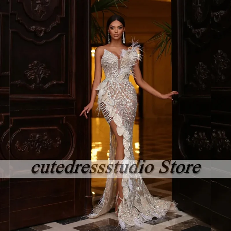 Aso Ebi Mermaid Wedding Party Dresses Luxury Major Bead Crystal High Split Evening Gowns Long Sleeve vestidos de gala Customized