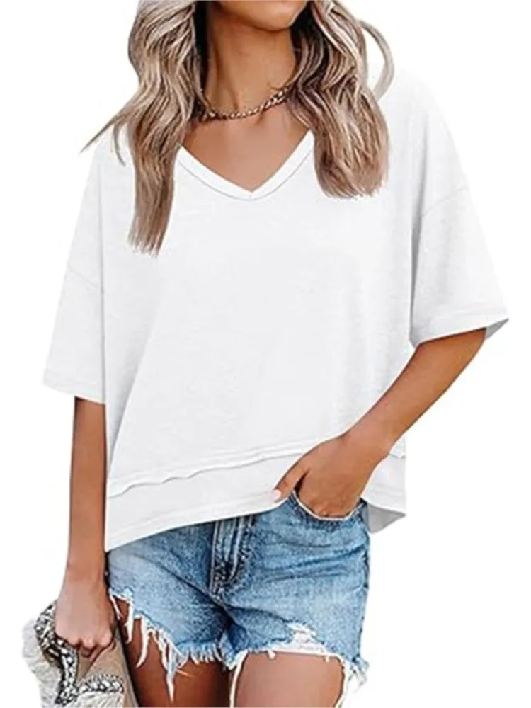 

Women's V-neck Half-sleeved T-shirt Solid Color Hem Splicing Design Loose Top 2026 Spring And Summer New Casual Shirt Female