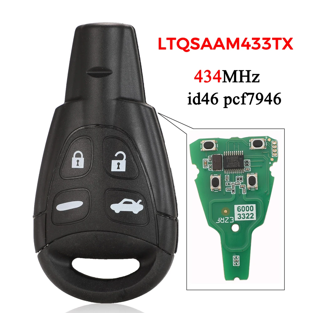 Jingyuqin LTQSAAM433TX Replacement 434MHz For SAAB 9-3 9-5 2003-2010 id46 PCF7946 Chip Smart Remote Car Key Fob 4 Buttons