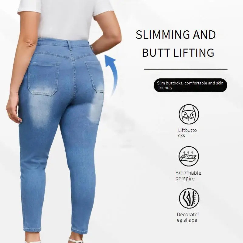 سراويل نسائية بمقاسات كبيرة، جينز ضيق مقاس 9 بوصة، سراويل مغسولة بإبزيم أظافر، جينز موضة صيف 2025