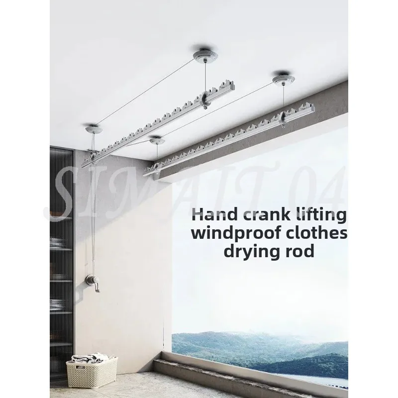 Hand-operated Lifting Clothes Rack Balcony Top-mounted Clothes Rod Fixed Manual Windproof Aluminum Alloy Single
