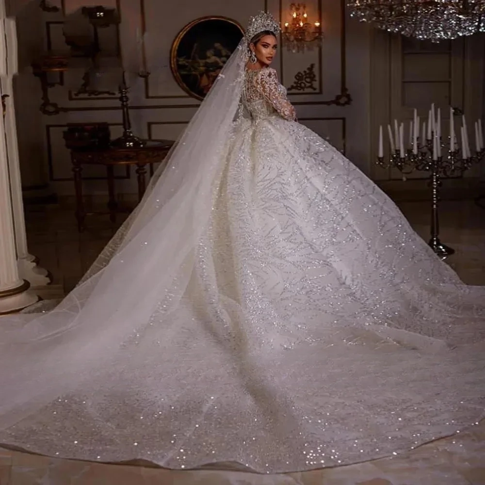 Ball Gown Sparkly Wedding Dresses Customized V Neck Long Sleeve Robe De Mariee Lace Beaded Princess Glitter Vestido De Novia