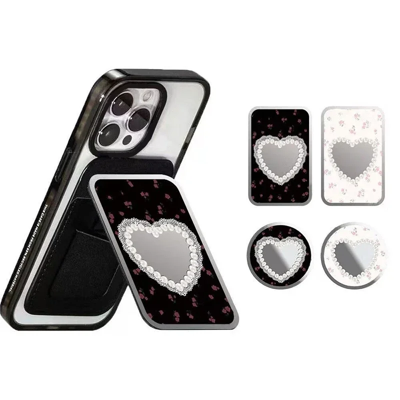 

Heart Mirror Magnetic Folding Black Phone Stand for IPhone 12 13 14 15 16 Pro Max Holder Mount Support for S24 Ultra