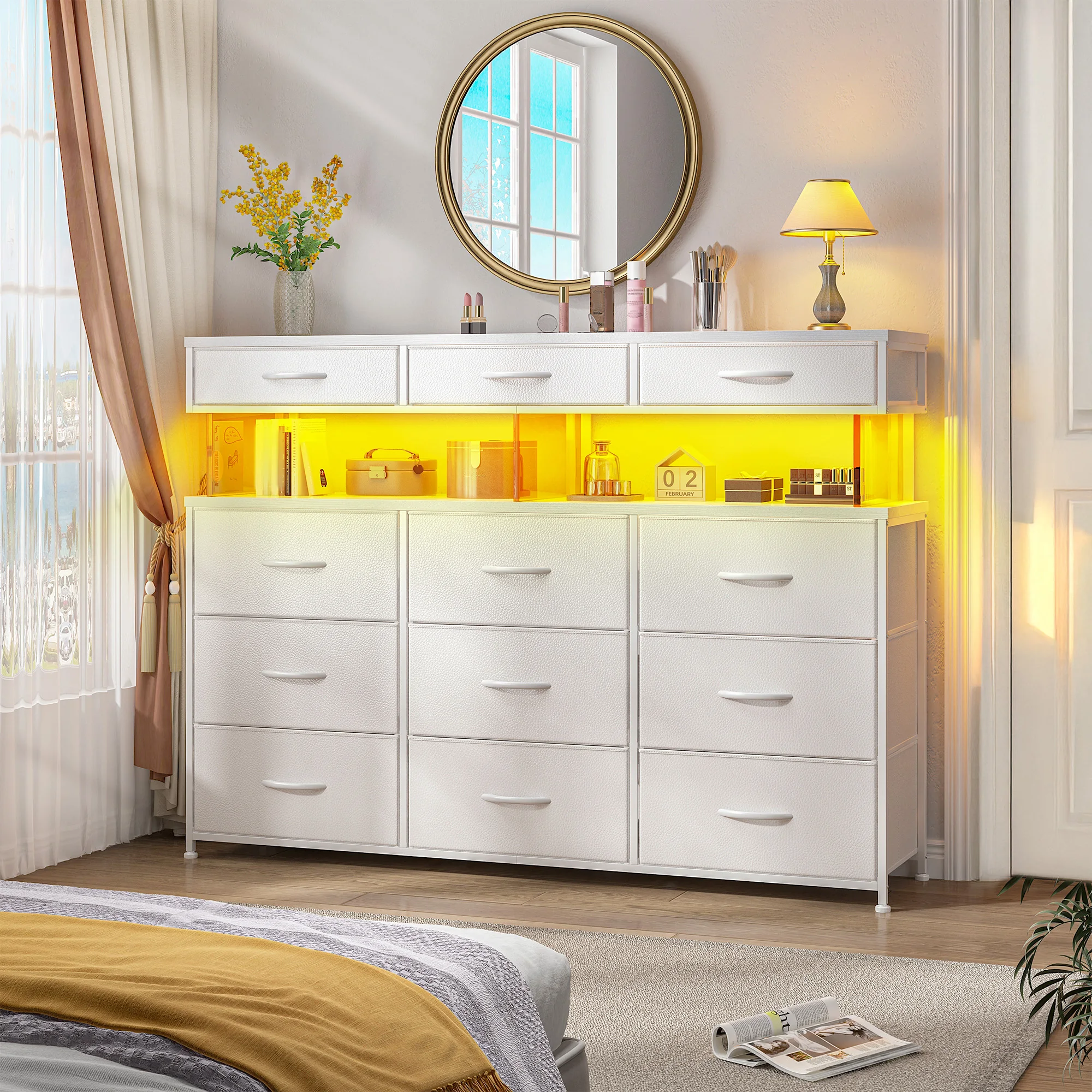 EnHomee Modern Fabric Dresser with 10mm Acrylic Sheet – Charging Station, LED Lights, Open Shelves – TV Stand for Living Room or Bedroom