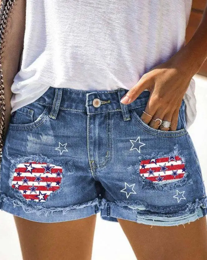 

Women's Fashion Jeans Shorts 2024 Summer Autumn Latest Print Patchwork Raw Hem Denim Shorts Button Pocket Above Knee Trousers