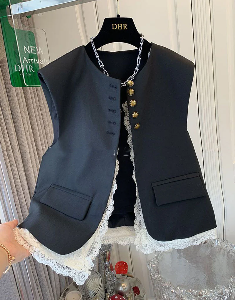 Lace Patchwork Women Vest Korean O Neck Casual Sleeveless Jackets 2024 Female Loose Waistcoat Vintage Chic Tops Women Clothing