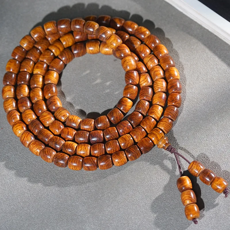 Hainan Huanghuali Tiger-Skin Pattern Drum Bead Bracelet, 108 , Buddhist Prayer Beads, Fragrant Yellow Sandalwood Rosary