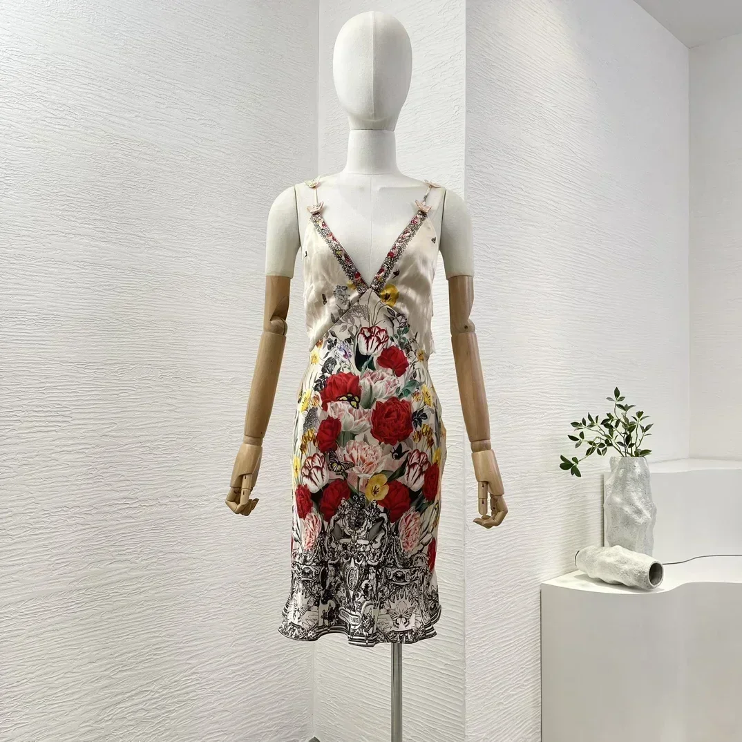 2025 New Women Flower Color  High Quility Rose Flowers Butterfly Print Sleeveless Diamonds Backless Deep V Neck Mini Dresses