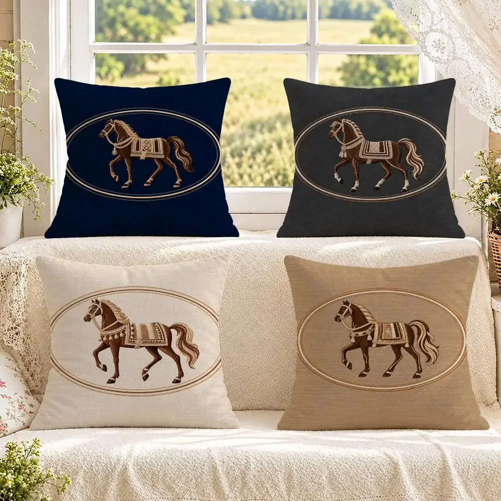 Equestrian Textile Vintage Framed Horse Embroidery Pattern Cushion Cover Soft Fluffy Short Plush Pillow Case Sofa Bed Home Decor