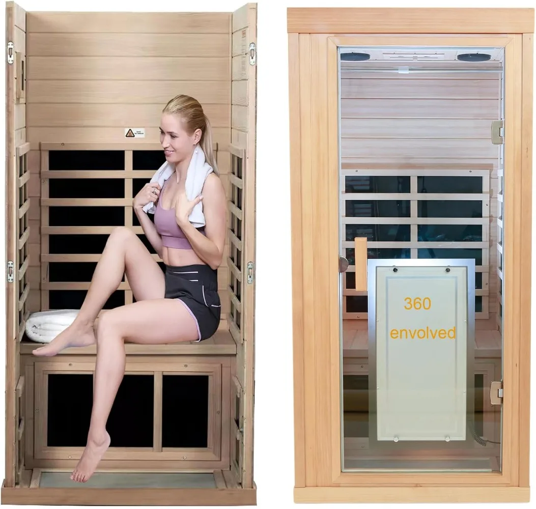 

Far Infrared Wooden Sauna Room, 1-Person Size, with 1350W, 8 Low EMF Heaters, 10 Minutes Pre-Warm up, Time and Temp Pre-Set