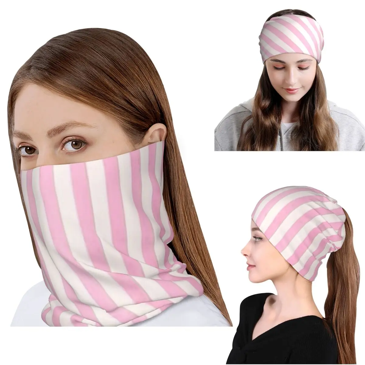 Blassrosa, weiß gestreift, Bandana, Halsschutz, magischer Schal, Mehrzweck-Sturmhaube, Mütze für Männer und Frauen, winddicht