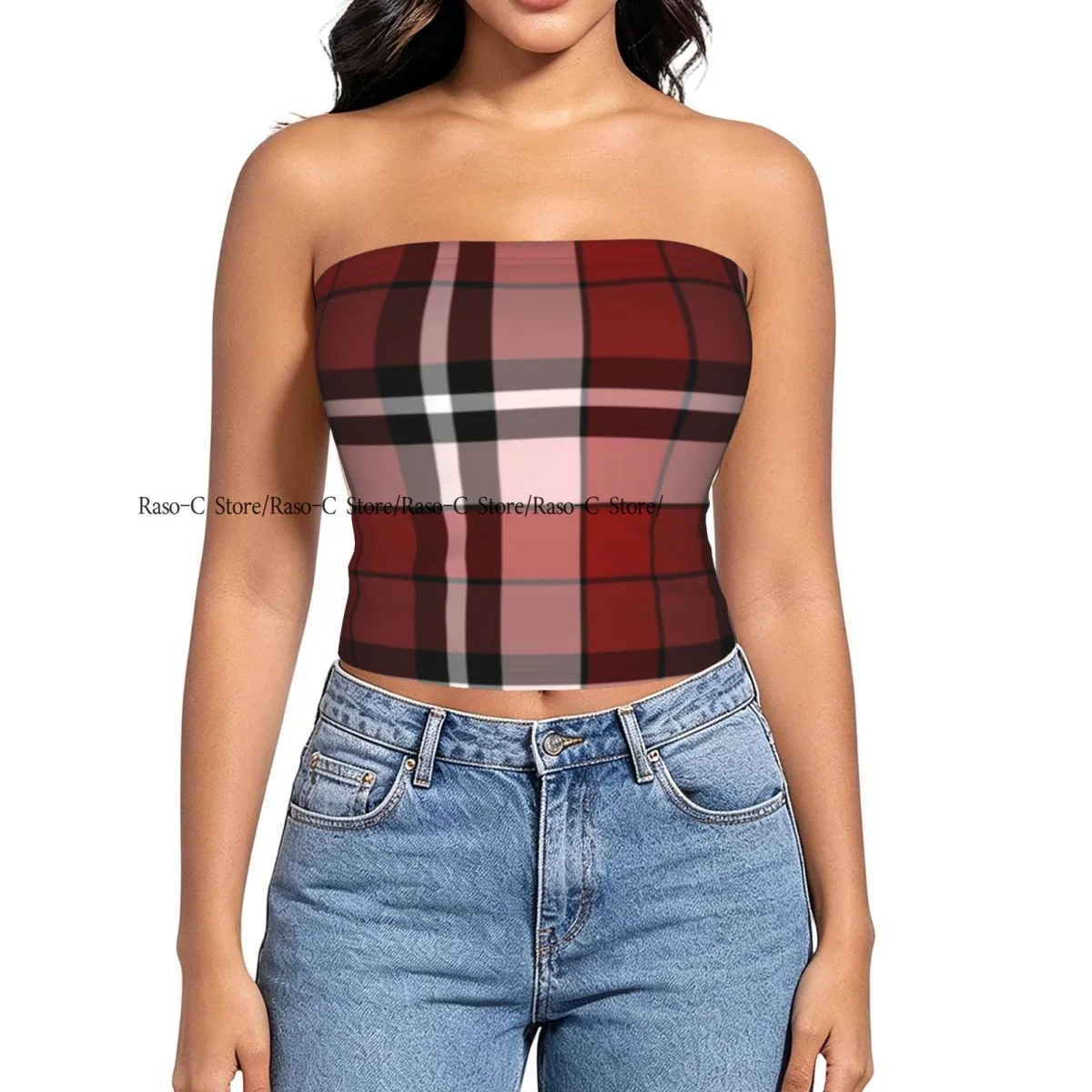 Women's strapless halter top Striped Tartan Plaid Checkered Background summer sexy short-sleeved top