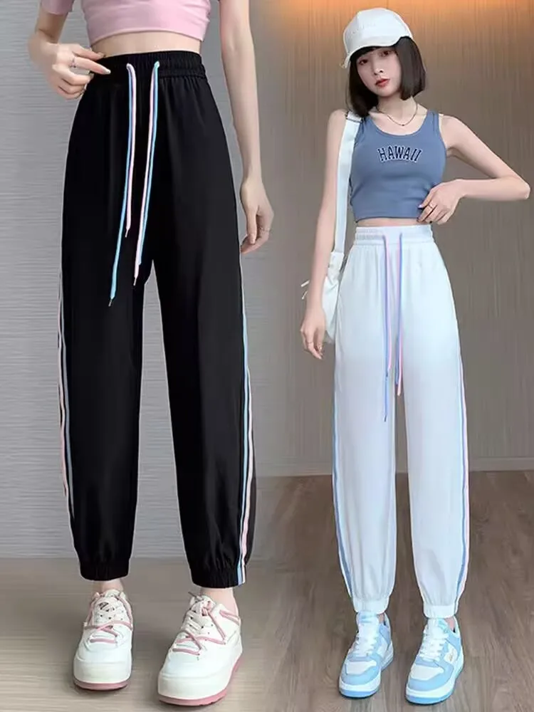 Pantaloni sportivi Qui Dry per studenti delle scuole medie inferiori Pantaloni casual sottili con risvolto a righe nuovi estivi Assorbenti del sudore a vita alta