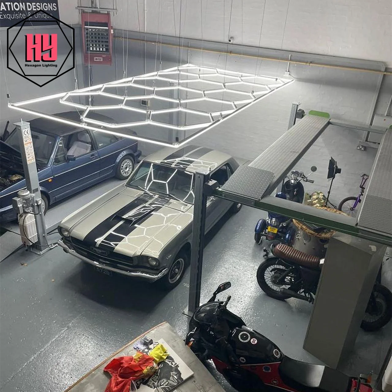 Żyrandol sufitowy 4.8*2.4m 16*8ft Australia gorąca sprzedaż DIY sześciokątny warsztat samochodowy Led Light Detailing Light