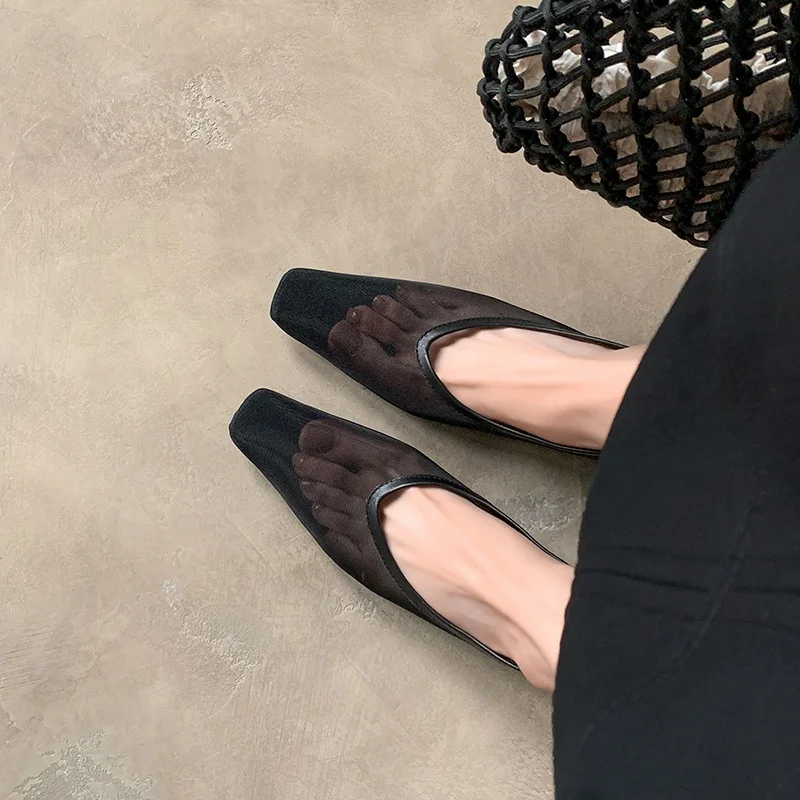 أحذية نسائية صيفية شبكية بكعب متوسط قابلة للتنفس صنادل بمقدمة مربعة أحذية بسيطة شعبية أحذية فضية وسوداء #3