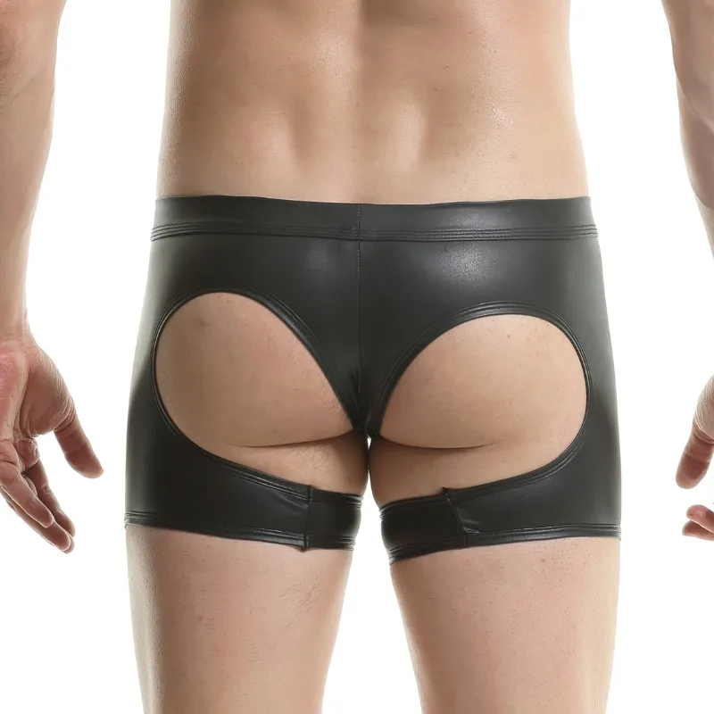 Sexy Mens Underwear Faux Leather Boxers For Man Bandage Leg Boxershorts Bulge Pouch Male Trunks Panties Hollow Out Boxer Shorts