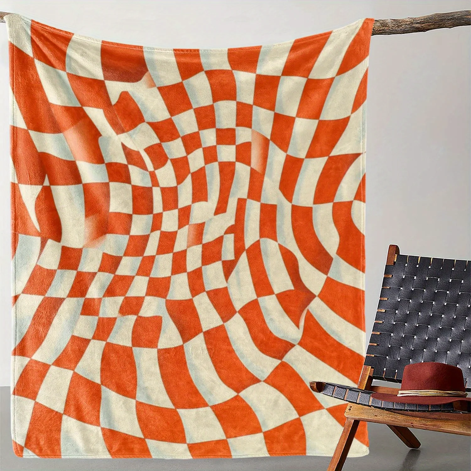 1pc Cozy Orange & White Checkered Flannel Blanket - Soft Polyester, Vintage Abstract Pattern, Perfect for Sofa, Bed, Car, Office