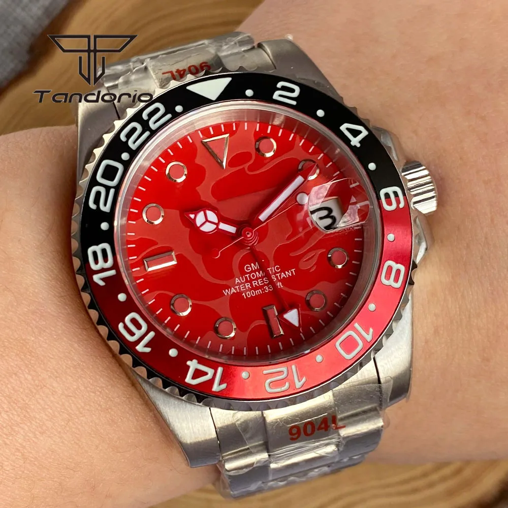 Tandorio NH34 Mechanical Stainless Steel GMT Function Automatic Men Watch Luminous Painting Dial Date Sapphire Glass Wristwatch