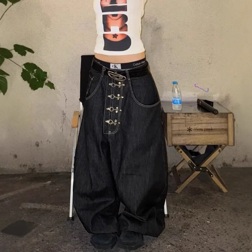 

2026 New American Vintage Wide Leg Jeans Unisex Contrast Stitch Irregular Multi Pocket Curved Baggy Floor Length Denim Pants