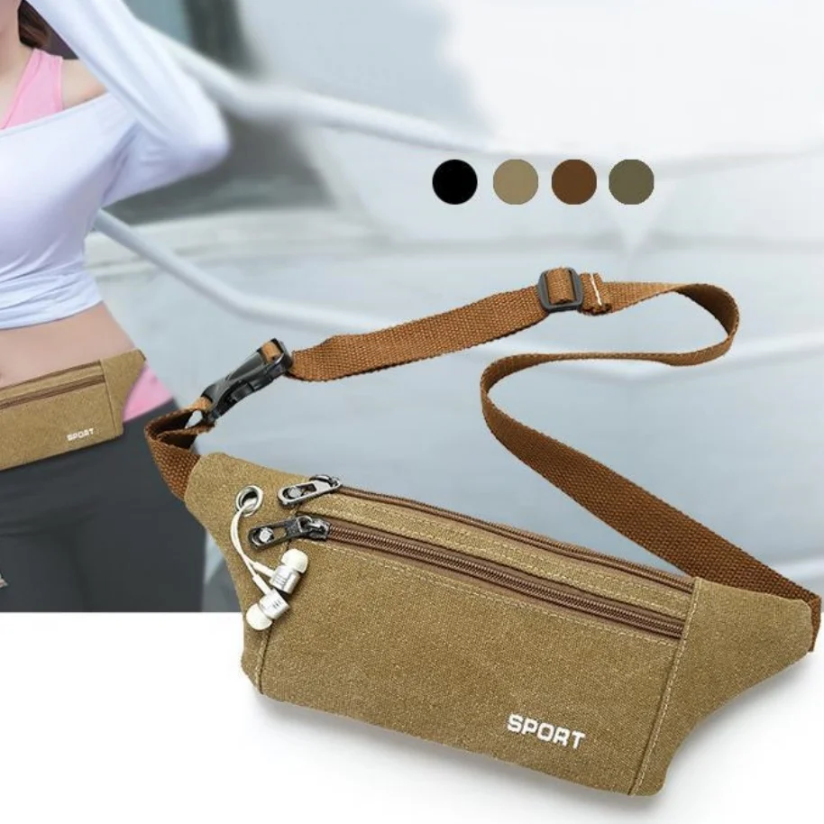 Unisex Canvas Multi-Layer Lightweight Fanny Pack for Outdoor Running Travel Cycling Shopping Daily Commuting Mobile Storage Bag