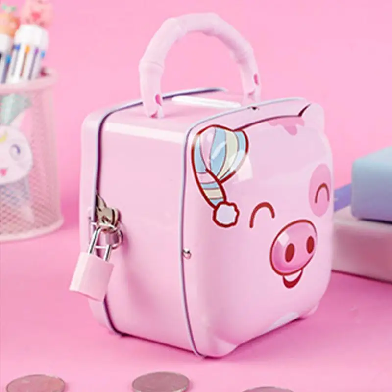 Cute Money Saving Box Cartoon Animal Safe Bank Small Cash Box Desk Ornaments Portable Metal Containe Nursery Decor With Handle