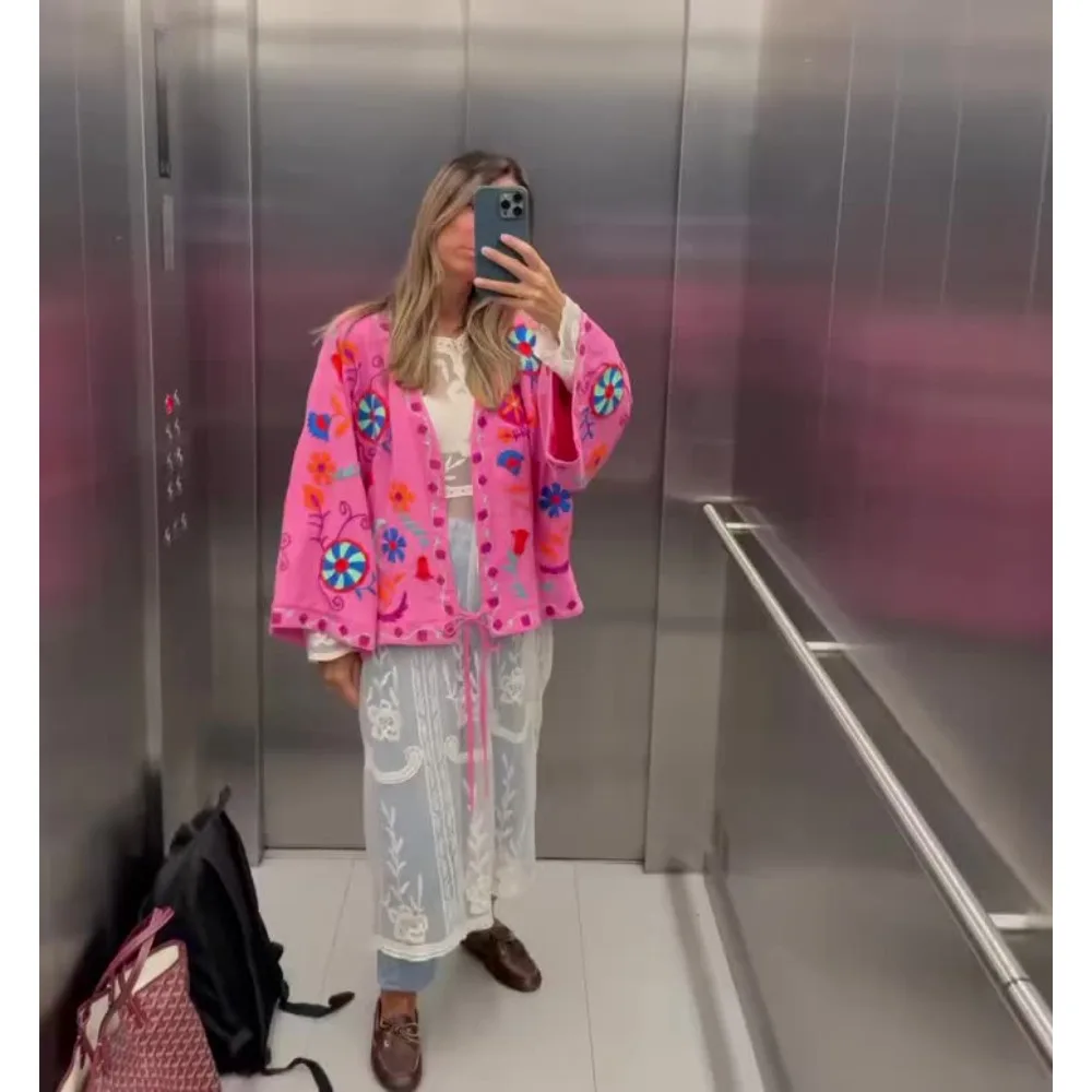 

Women's Pink Floral Embroidery Cotton Linen Short Coat Casual Flare Sleeve V Neck Lace Up Jacket 25 Autumn Streetwear Outerwear