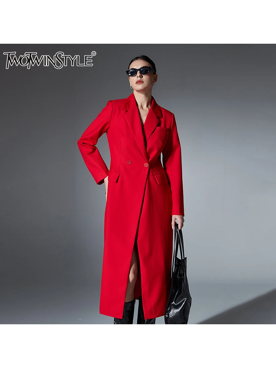 TWOTWINSTYLE Solid Slimming Casual Blazer For Women Notched Collar Long Sleeve Patchwork Button Temperament Coats Female Fashion