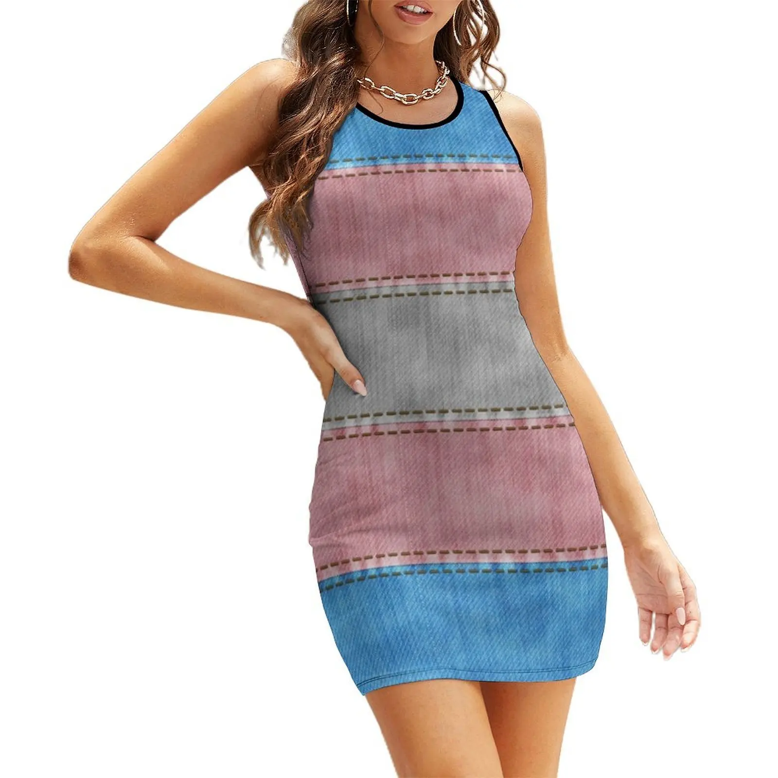 

Denim Textured Seamless Transgender Pride Flag Pattern Sleeveless Sundress Women's clothing dresses for woman 2025