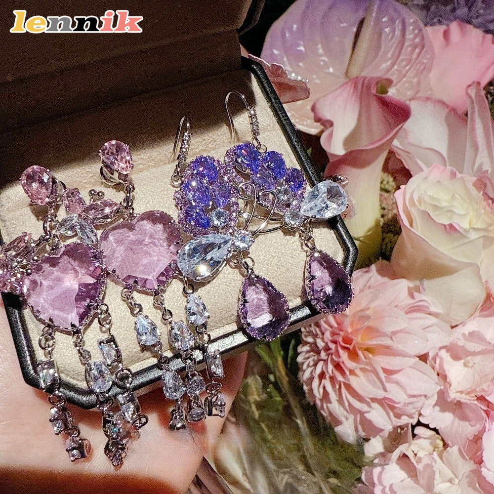 مجوهرات القزحية الأرجواني الفراشة جوهرة انخفاض الأقراط، مأدبة عالية مخصص، الأميرة الوردي الطيور تألق الماس بروش مجموعة #3