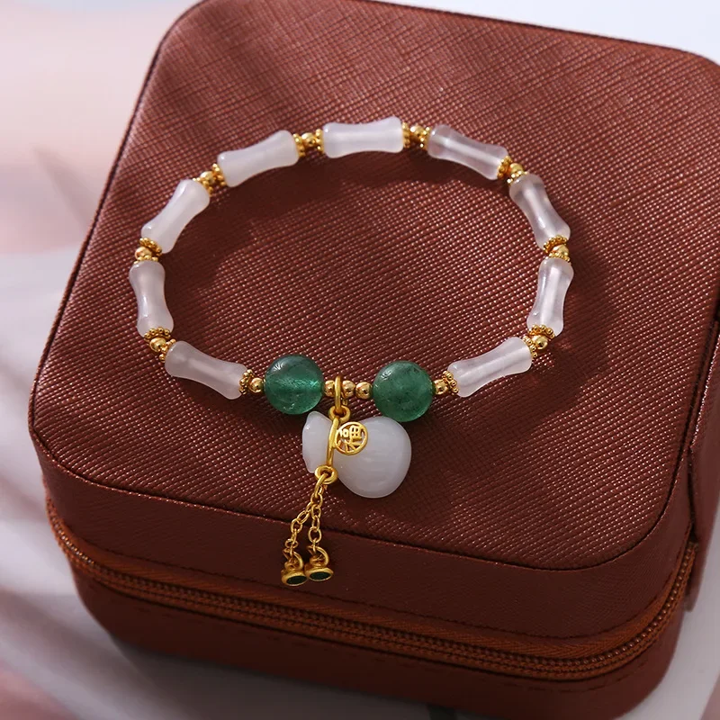 

Minar Chinese Style Gold Plated Brass Green Color Natural Stone Jade Bamboo Joint Lucky Bag Charm Bracelets For Women Gift