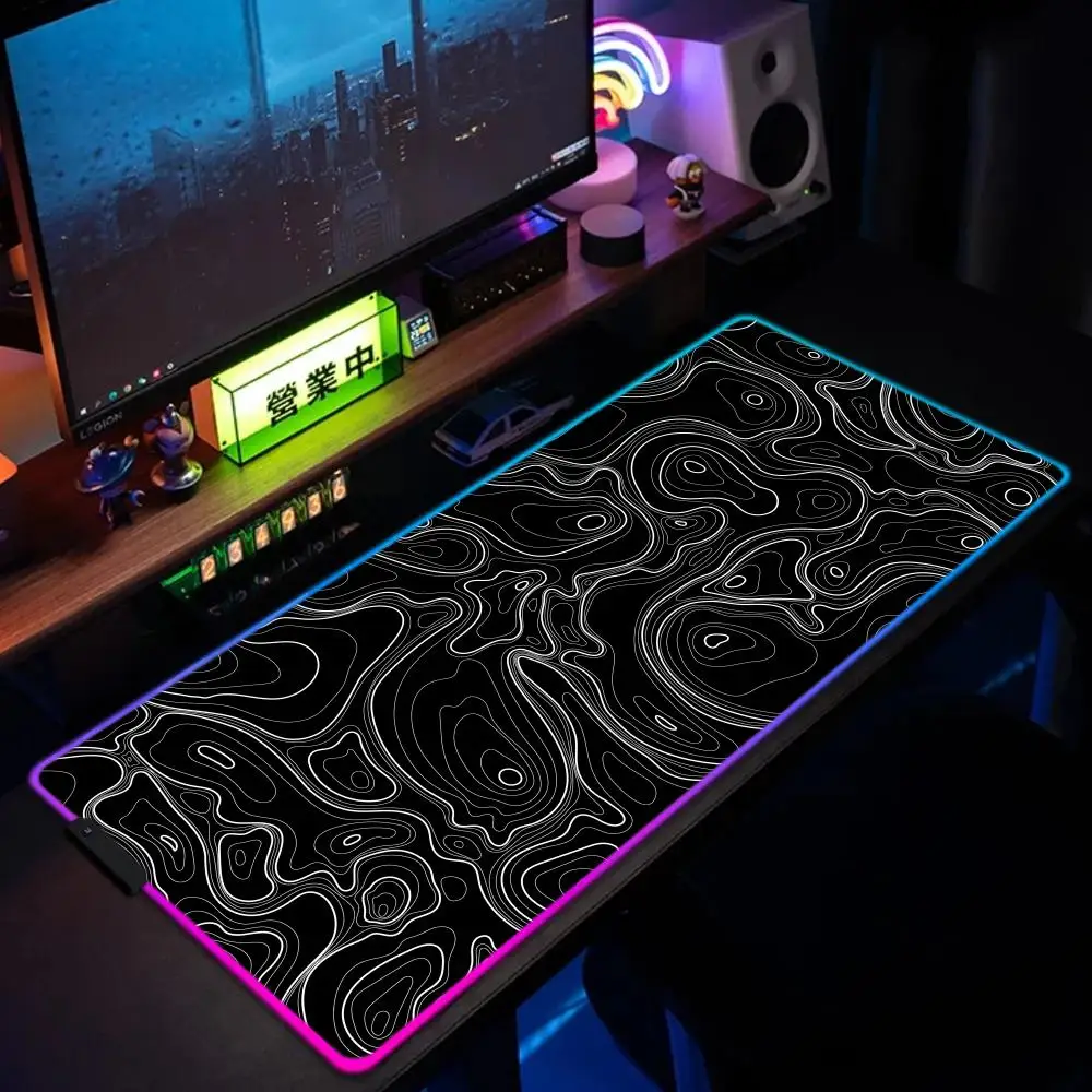 

Black White Lines Texture Mouse Pad XXL RGB Gaming Mousepad Gamer Accessories Large LED Rubber PC Computer Desk Mat with Backlit